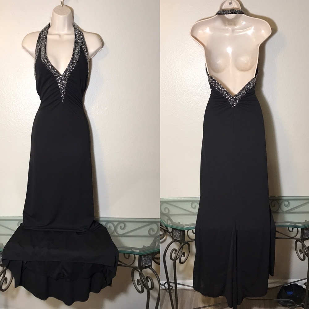 Morgan&Co Beaded sequin Open V-Back Evening Gown